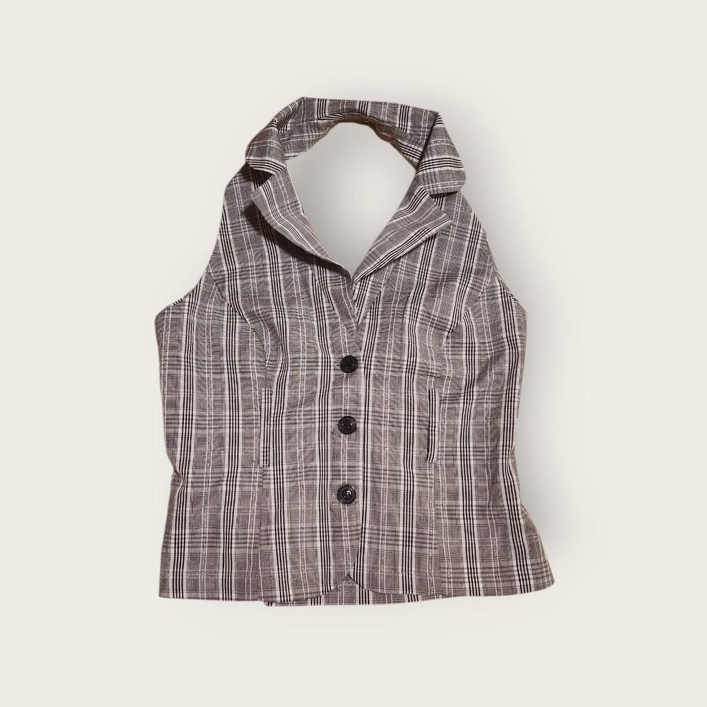 Vintage Y2k Seductions black plaid cropped button up halter waistcoat vest